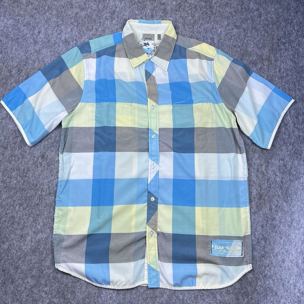 Ripcurl Men's Button Down Shirt Short Sleeve Plaid Blue Yellow Y2K Surf Size XL